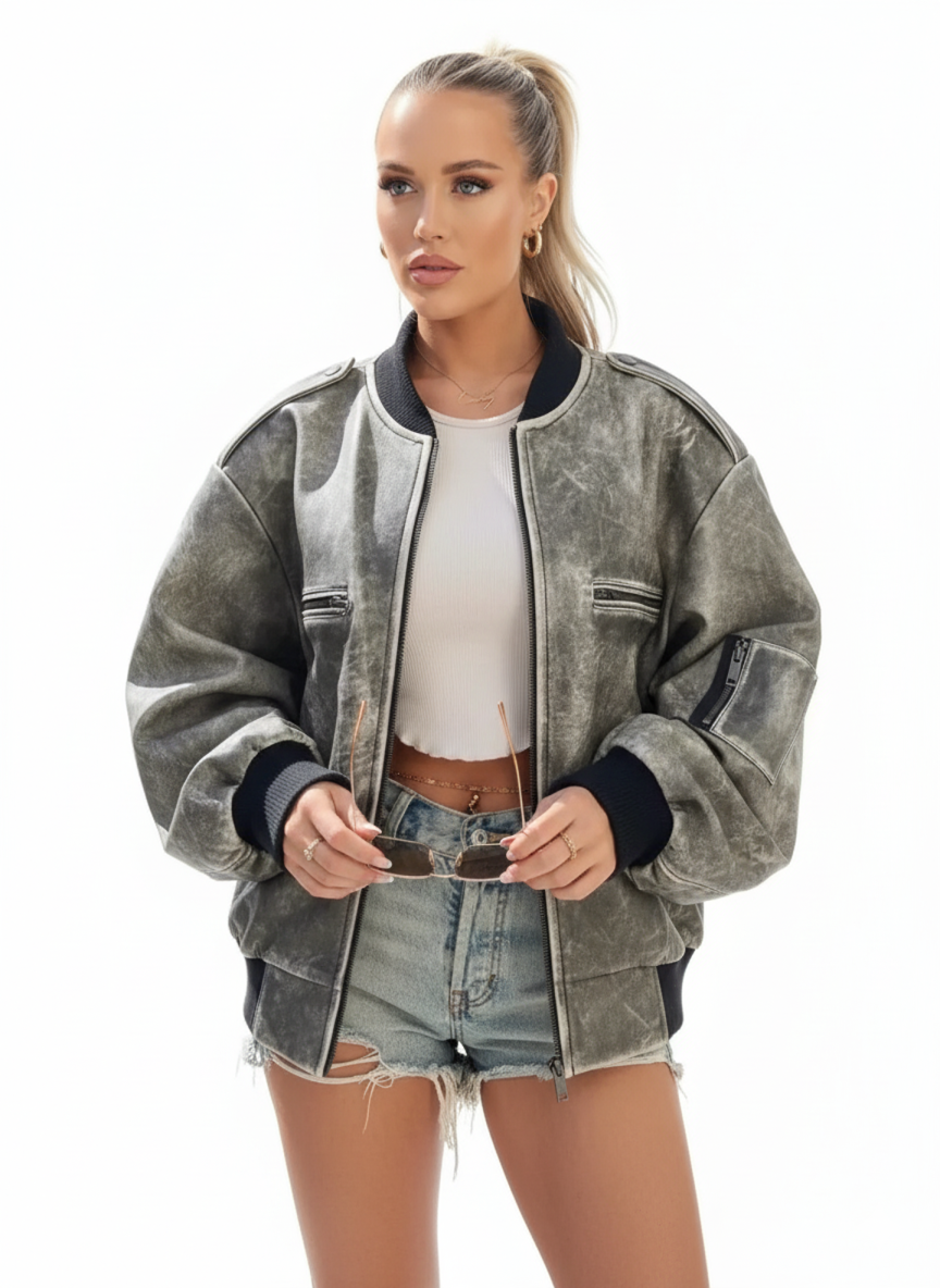 Damen Jacke Vintage Bomber mit Reißverschluss und Worn-Effekt