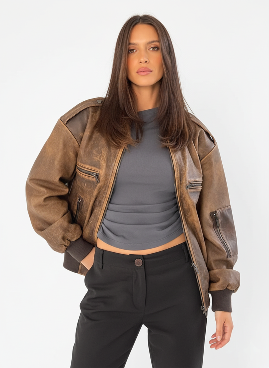 Damen Jacke Vintage Bomber mit Reißverschluss und Worn-Effekt