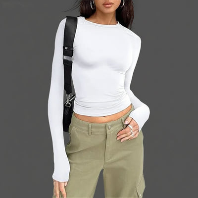 Damen Slim Fit Langarmshirt O-Neck in Einfarbig für Frühling und Herbst