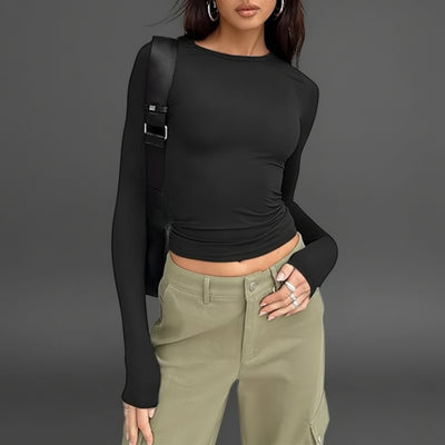 Damen Slim Fit Langarmshirt O-Neck in Einfarbig für Frühling und Herbst