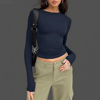 Damen Slim Fit Langarmshirt O-Neck in Einfarbig für Frühling und Herbst