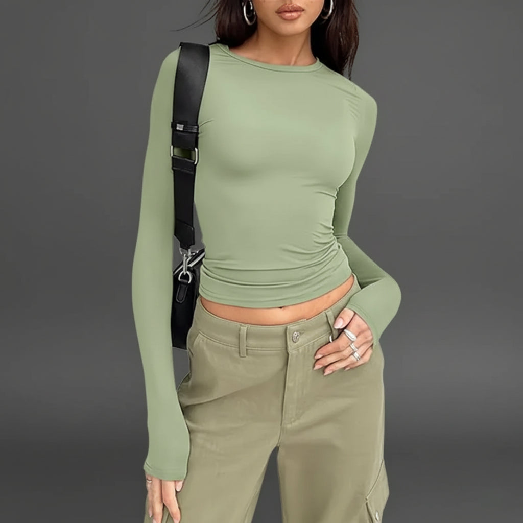 Damen Slim Fit Langarmshirt O-Neck in Einfarbig für Frühling und Herbst