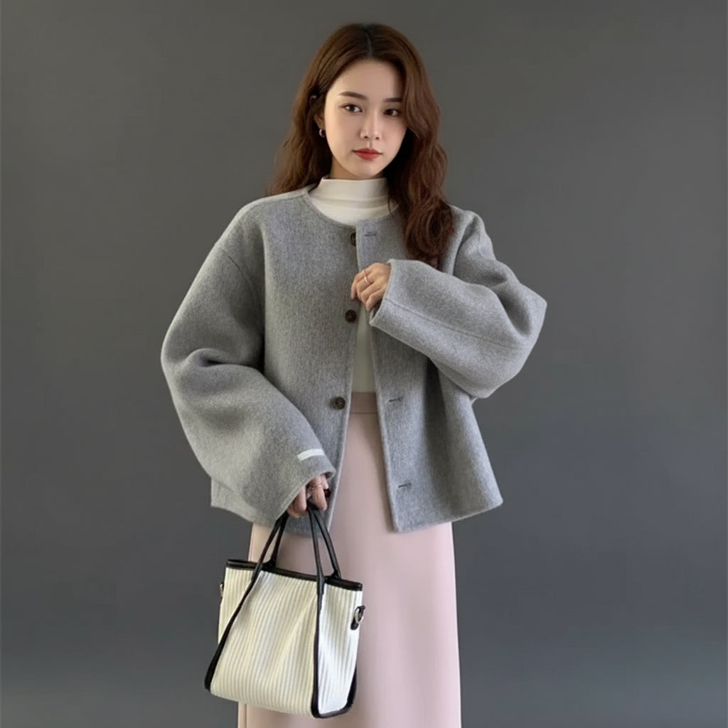 Eleganter Woll Mantel Damen Kurz Mantel mit langen Ärmeln für Herbst und Winter