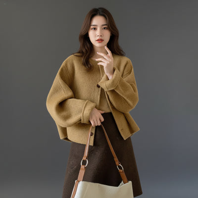 Eleganter Woll Mantel Damen Kurz Mantel mit langen Ärmeln für Herbst und Winter