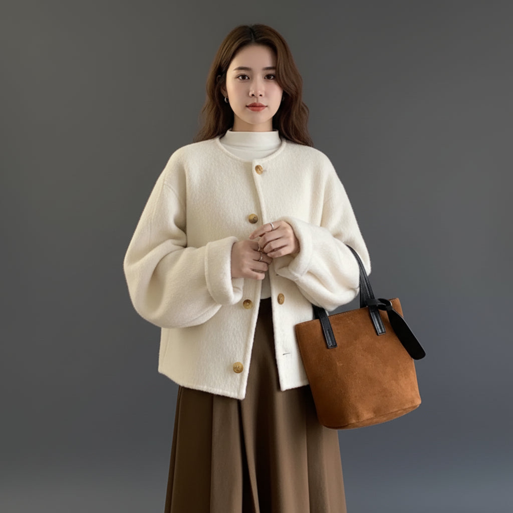 Eleganter Woll Mantel Damen Kurz Mantel mit langen Ärmeln für Herbst und Winter