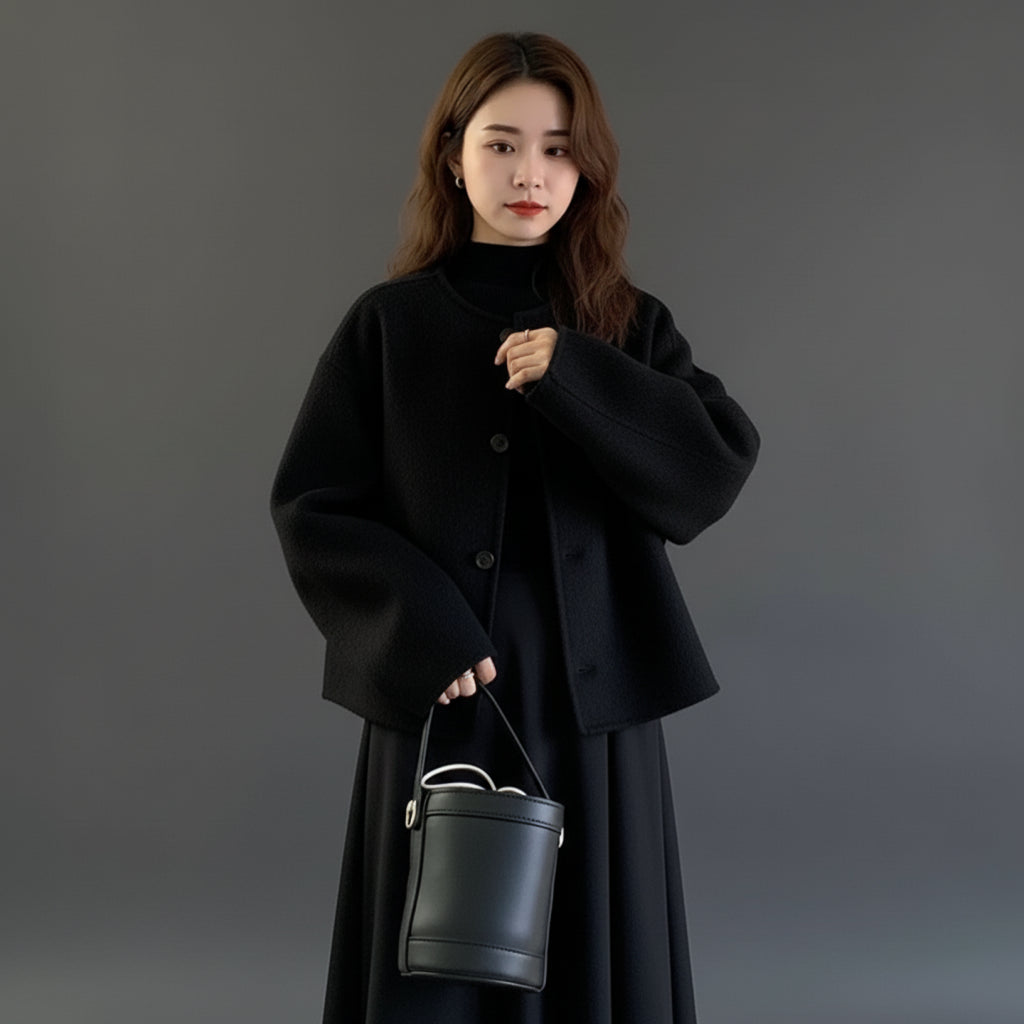 Eleganter Woll Mantel Damen Kurz Mantel mit langen Ärmeln für Herbst und Winter