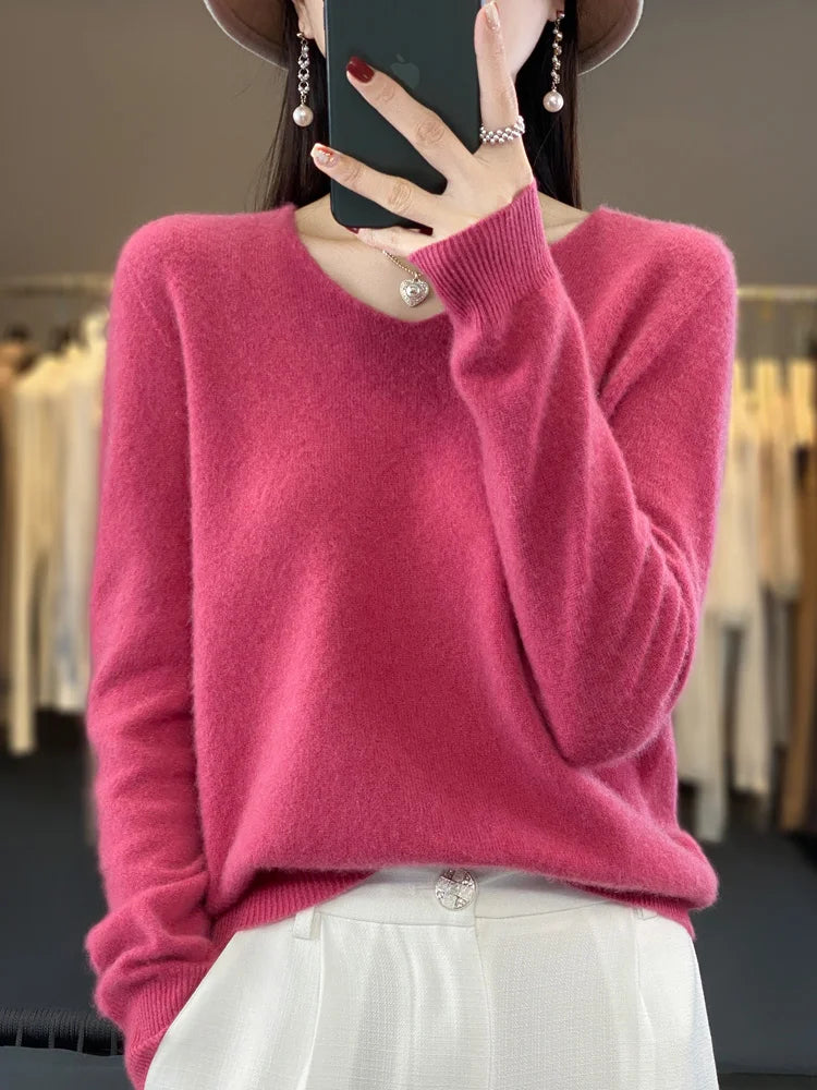 Damen Pullover V-Ausschnitt Merinowolle weich und warm 11