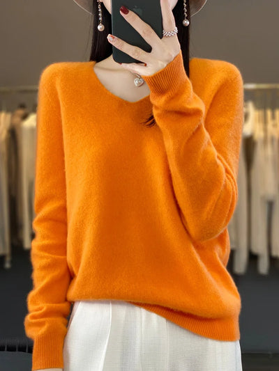 Damen Pullover V-Ausschnitt Merinowolle weich und warm 14