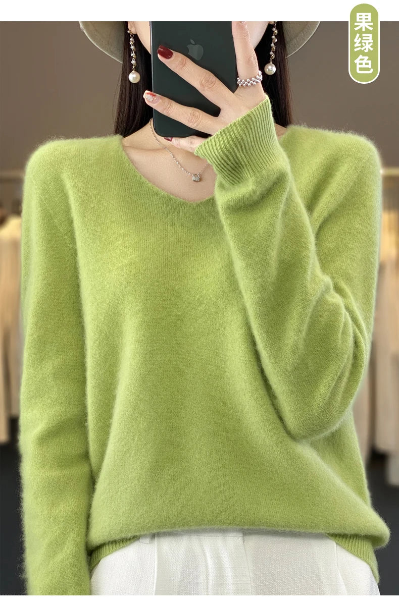 Damen Pullover V-Ausschnitt Merinowolle weich und warm 16