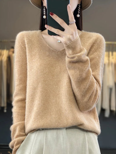 Damen Pullover V-Ausschnitt Merinowolle weich und warm 17