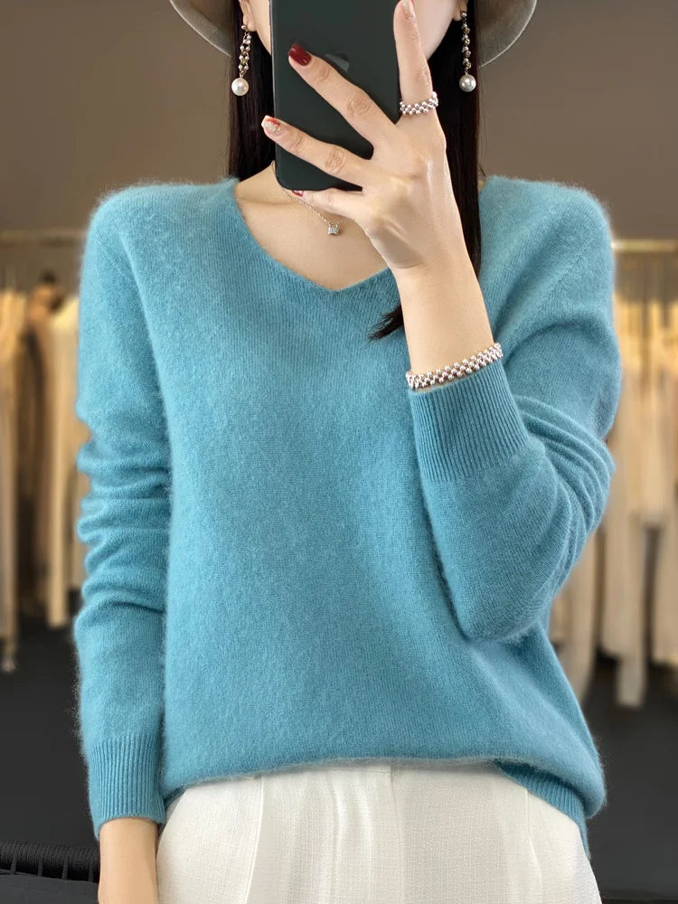 Damen Pullover V-Ausschnitt Merinowolle weich und warm 18