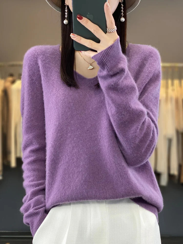 Damen Pullover V-Ausschnitt Merinowolle weich und warm 19