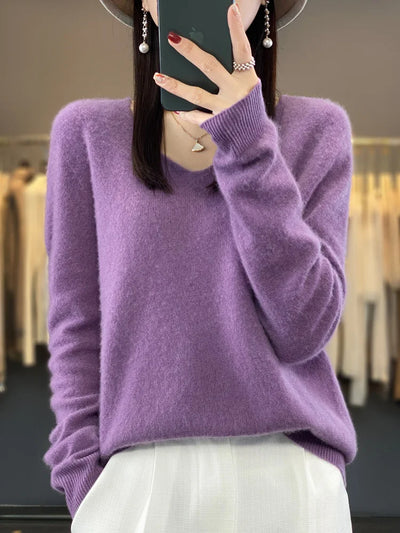 Damen Pullover V-Ausschnitt Merinowolle weich und warm 19