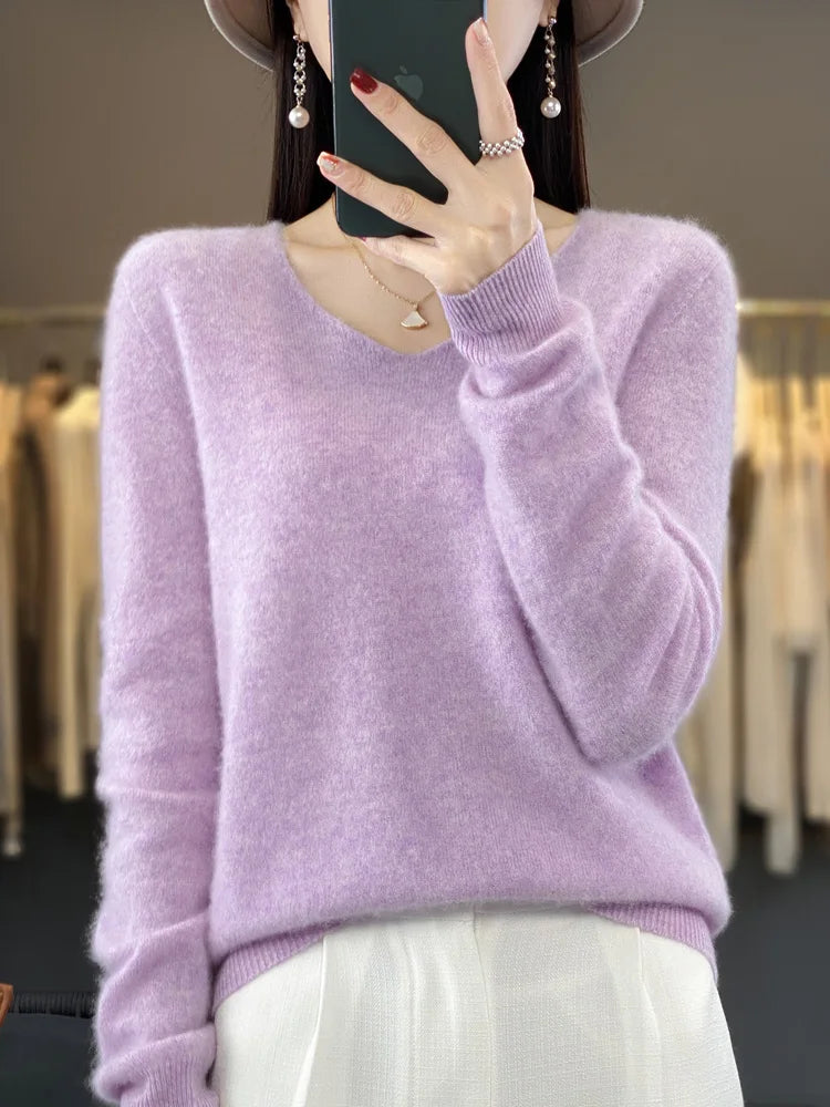Damen Pullover V-Ausschnitt Merinowolle weich und warm 1
