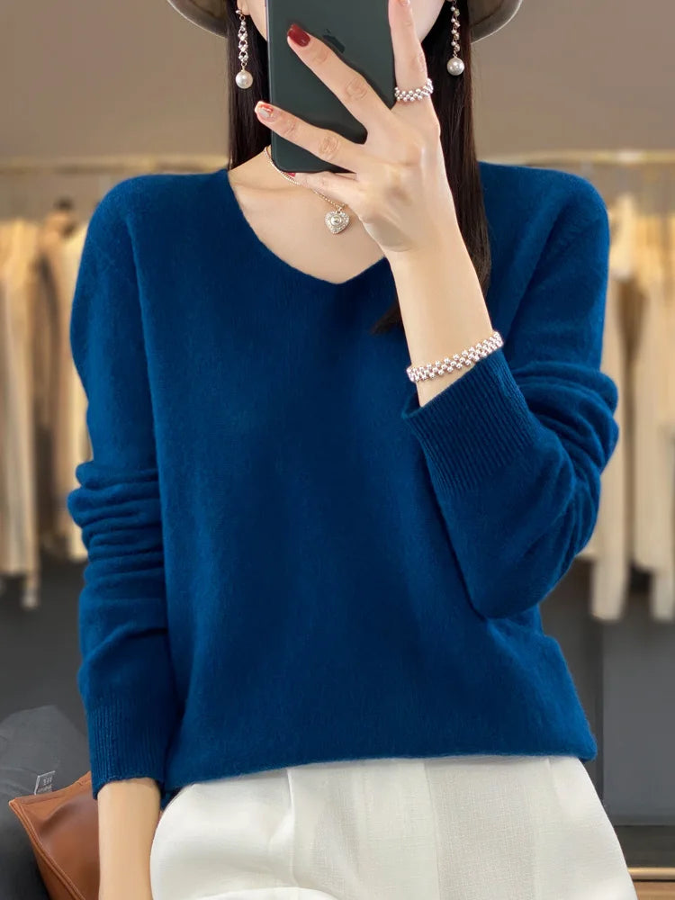 Damen Pullover V-Ausschnitt Merinowolle weich und warm 20