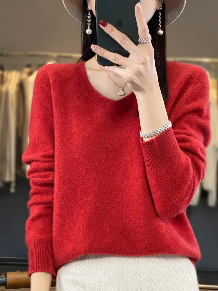 Damen Pullover V-Ausschnitt Merinowolle weich und warm 21
