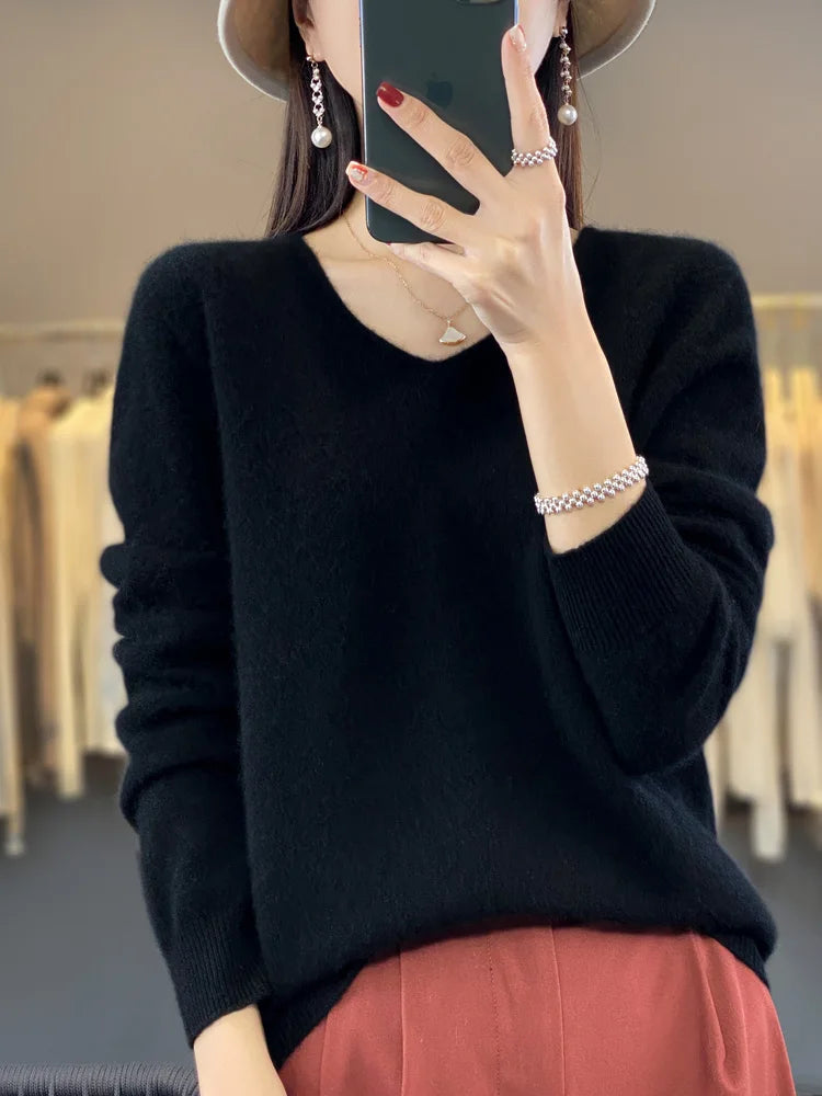 Damen Pullover V-Ausschnitt Merinowolle weich und warm 22