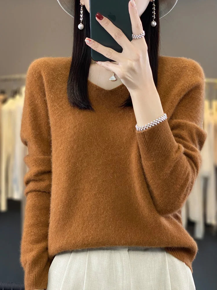 Damen Pullover V-Ausschnitt Merinowolle weich und warm 2