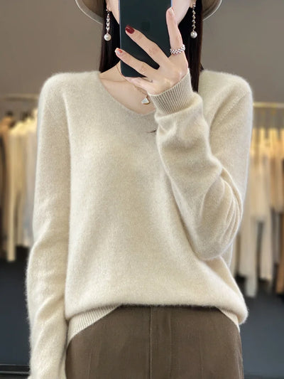 Damen Pullover V-Ausschnitt Merinowolle weich und warm 4