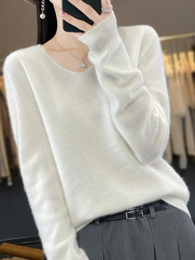 Damen Pullover V-Ausschnitt Merinowolle weich und warm 7
