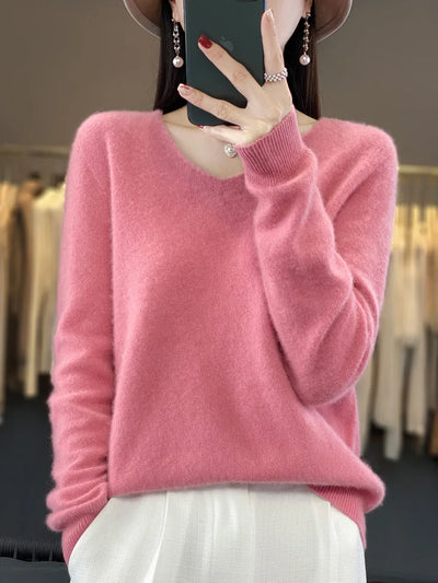 Damen Pullover V-Ausschnitt Merinowolle weich und warm 8