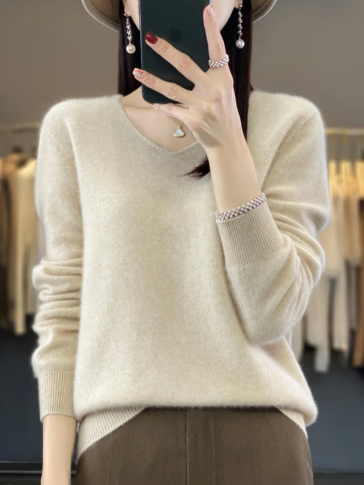 Damen Pullover V-Ausschnitt Merinowolle weich und warm 9
