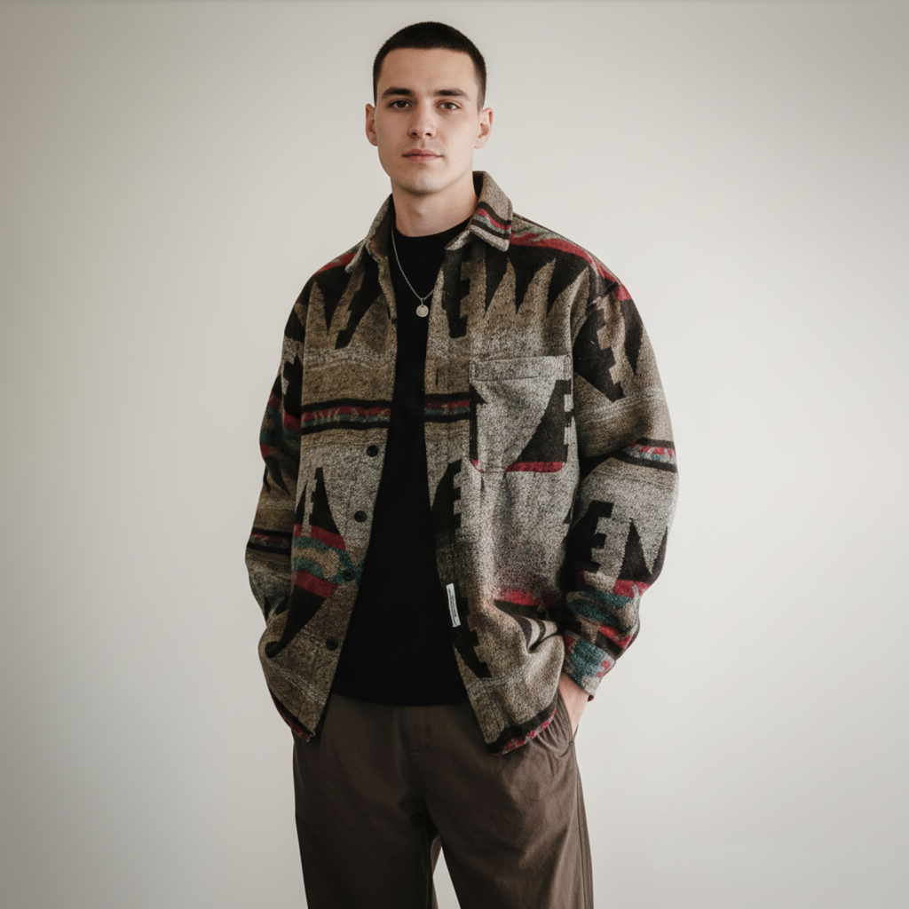 Herren Flanellhemd Oversized mit Ethno-Print – Vintage Look für Herren